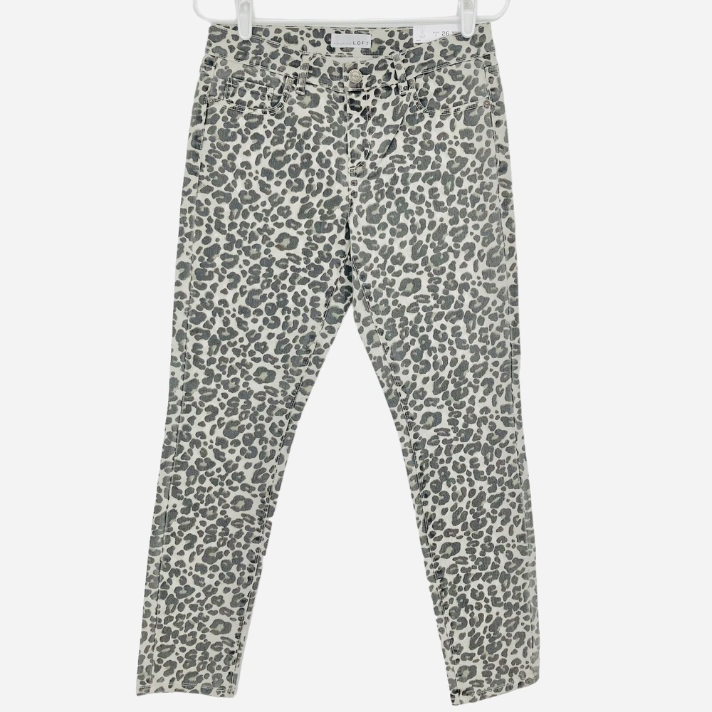 NWT LOFT Women's Denim Jeans 2 Leopard Print Modern Skinny Mid-Rise Stretch Grey